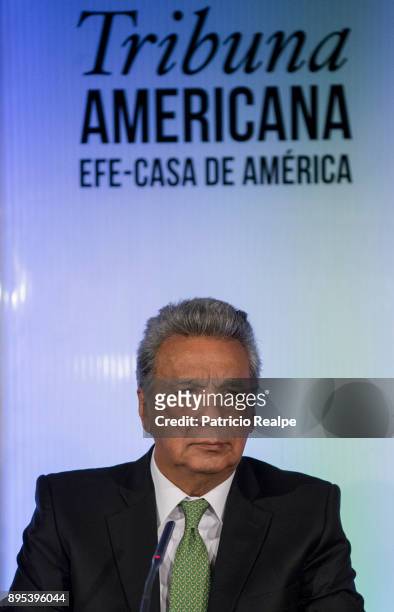 President of Ecuador Lenin Moreno Garces looks on during the Tribuna Americana EFE-Casa America event as part of his first official visit in Spain on...