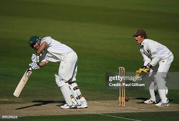 Ackerman of Leicestershire hits out during day one of the LV County Championship Division Two match between Surrey and Leicestershire at The Oval on...