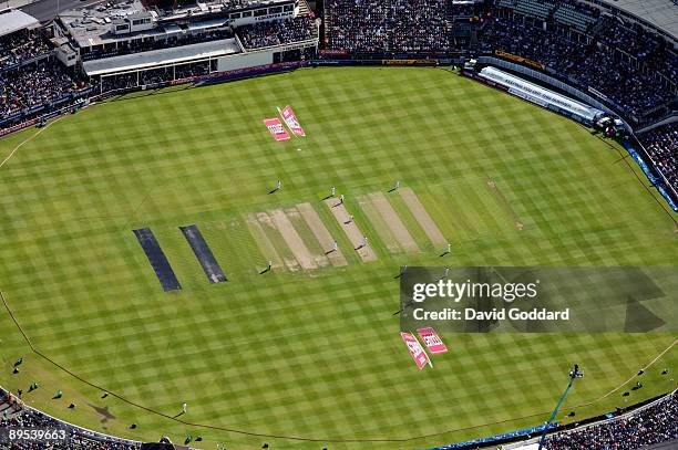 After a delayed start Australia take to the crease during day one of the npower 3rd Ashes Test Match between England and Australia at Edgbaston on...