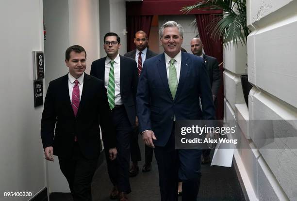 House Majority Leader Rep. Kevin McCarthy arrives at a House Republican Conference meeting at the Capitol December 19, 2017 in Washington, DC. The...
