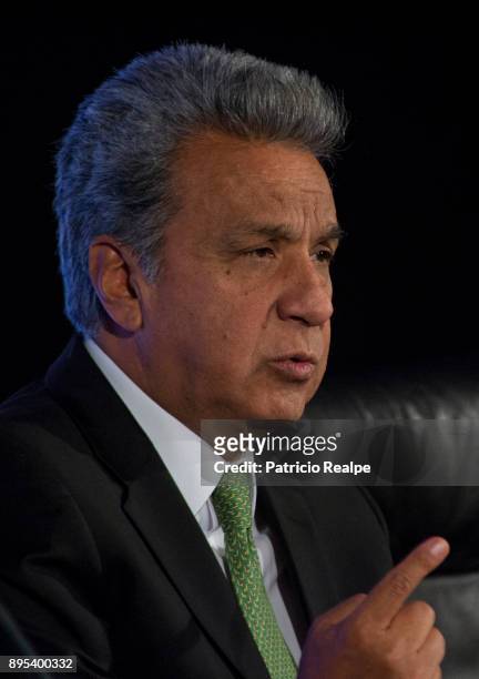 President of Ecuador Lenin Moreno Garces speaks during the Tribuna Americana EFE-Casa America event as part of his first official visit in Spain on...