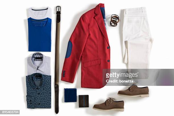ropa de hombre aislado sobre fondo blanco - cinturón azul fotografías e imágenes de stock
