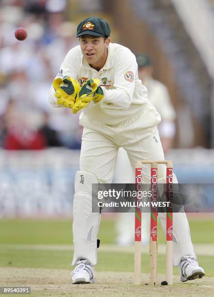 Playing in his first Test match, Australian wicketkeeper Graham Manou catches the ball on the second day of the third Ashes cricket test between...