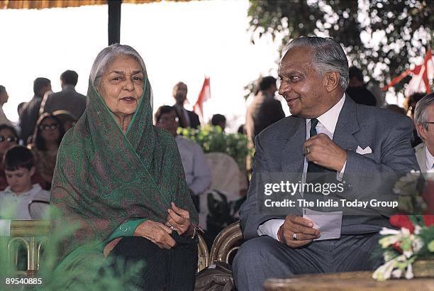 Maharani Gayatri Devi sits with Maharaja Sawai Bhawani Singh of Jaipur in a photo taken on November 23, 1998 in New Delhi, India.