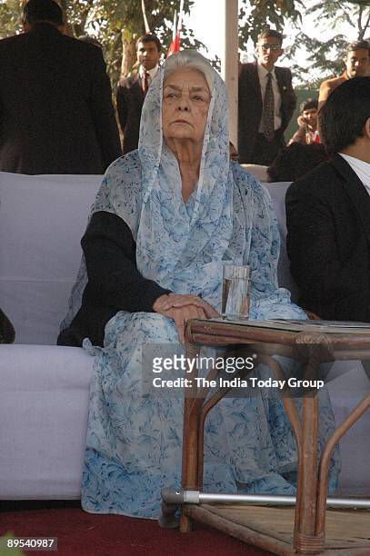 Rajmata Gayatri Devi looks on during the Reid and Taylor Indian Open polo match at the Jaipur Polo Ground on December 4, 2005 in New Delhi, India.