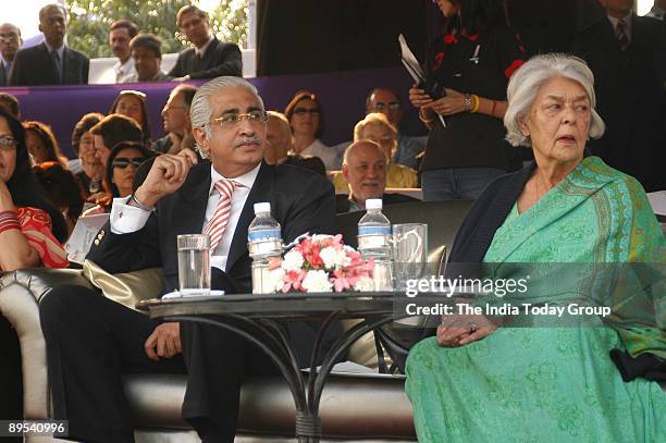 Nakul Anand, Chief Executive of ITC�s Hotels Division, and Rajmata Gayatri Devi enjoy the Indian Masters Polo cup match at the Jaipur Polo Ground on...