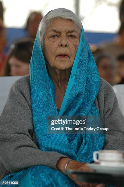 Maharani Gayatri Devi looks on during the Maharaja Sir Pratap Singh Polo tournament at Jaipur Polo Ground on February 17, 2007 in New Delhi, India.