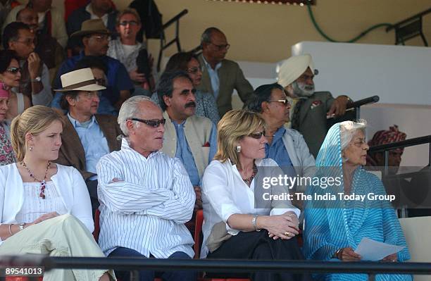 Maharani Gayatri Devi watches a polo match during the Jaipur International Heritage Festival on January 12, 2004 in Jaipur, India.