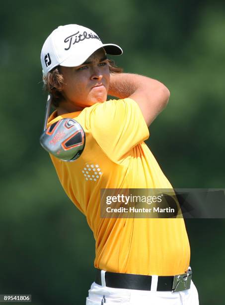 Rickie Fowler hits his tee shot on the 12th hole during the second round of the Nationwide Children's Hospital Invitational at The Ohio State Golf...