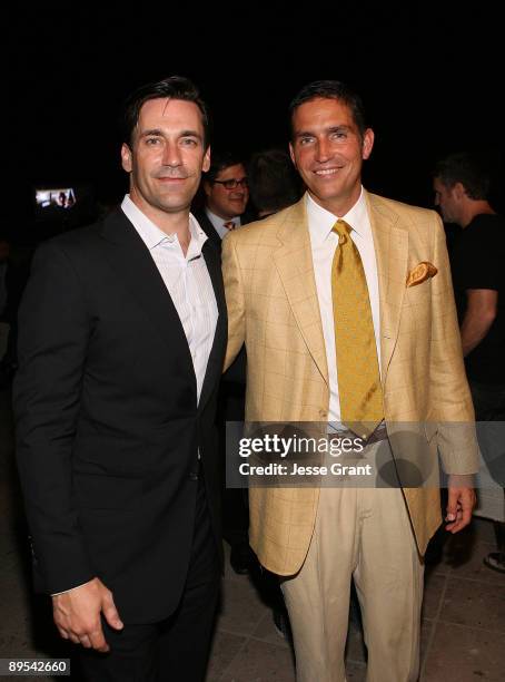 Actors Jon Hamm and James Caviezel attend the 2009 TCA AMC cocktail reception at The Langham Huntington Hotel on July 28, 2009 in Pasadena,...