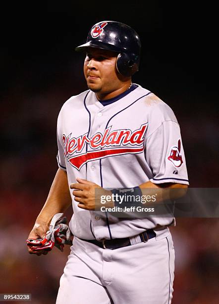 Jhonny Peralta of the Cleveland Indians runs back to the dugout during the game against the Los Angeles Angels of Anaheim at Angel Stadium on July...