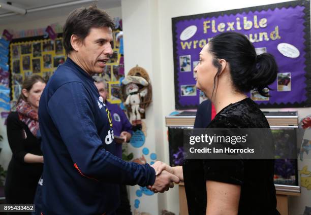 Bradley Lowery's mum Gemma meets Sunderland manager Chris Coleman during a visit to his old school, Blackhall Primary School on December 19, 2017 in...