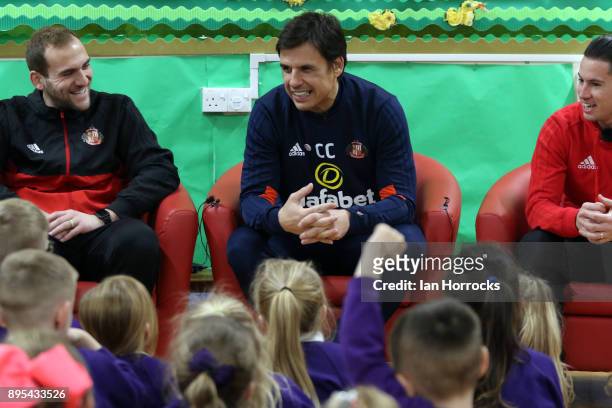 Sunderland manager Chris Coleman chats with children during a visit to Blackhall Primary School on December 19, 2017 in Hartlepool, England.