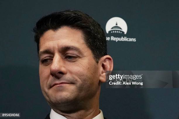 Speaker of the House Rep. Paul Ryan listens during a news briefing after a House Republican Conference meeting at the Capitol December 19, 2017 in...