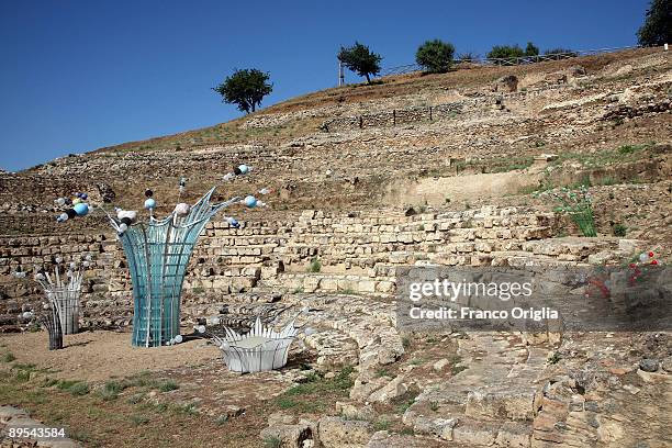 Artworks of the 'Alternative Landscape' exhibition by American installation artist Dennis Oppenheim are displayed at Scolacium Archaeological Park on...