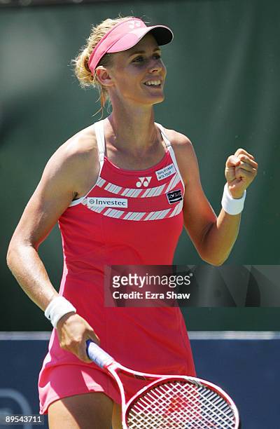 Elena Dementieva of Russia celebrates match point over Daniela Hantuchova of Russia after their quarterfinal match on Day 5 of the Bank of the West...