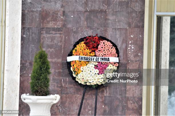 Wreath from the Embassy of India is seen during a commemoration of Russian Envoy Andrei Karlov on the first anniversary of his death at the Russian...