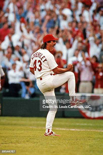 October 1: Dennis Eckersley of the St. Louis Cardinals celebrates the final out of the National League Division Series between the Cardinals and the...