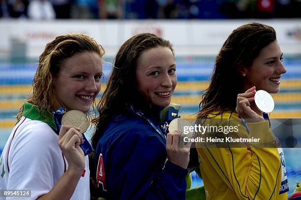 13th FINA World Championships: Hungary Katinka Hosszu , USA Ariana Kukors and Australia Stephanie Rice victorious with medals after Women's 200M...