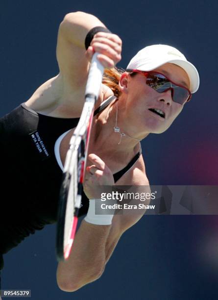 Samantha Stosur of Australia serves to Serena Williams during their quarterfinal match on Day 5 of the Bank of the West Classic July 31, 2009 in...