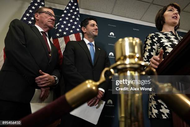 House Republican Conference Chair Rep. Cathy McMorris Rodgers speaks as Speaker of the House Rep. Paul Ryan , and Rep. Neal Dunn listen during a news...