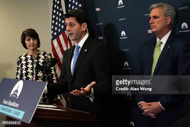 Speaker of the House Rep. Paul Ryan speaks as House Republican Conference Chair Rep. Cathy McMorris Rodgers and House Majority Leader Rep. Kevin...