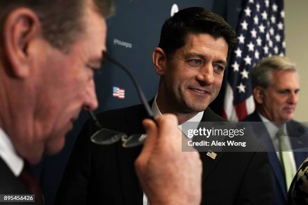 Speaker of the House Rep. Paul Ryan , House Majority Leader Rep. Kevin McCarthy and Rep. Neal Dunn arrive at a news briefing after a House Republican...