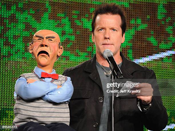 Comedian Jeff Dunham speaks during the MTV Networks portion of the 2009 Summer Television Critics Association Press Tour at the Langham Hotel on July...