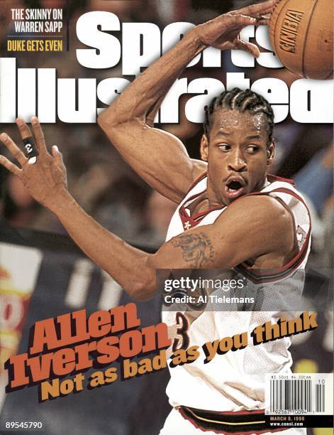 March 9, 1998 Sports Illustrated via Getty Images Cover: Basketball: Philadelphia 76ers Allen Iverson in action, pass vs Los Angeles Lakers....