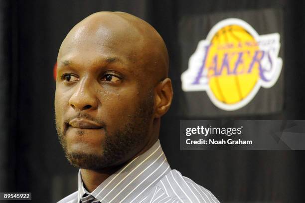 Lamar Odom of the Los Angeles Lakers during a press conference announcing that the Lakers have signed free agent forward Lamar Odom to a multi-year...