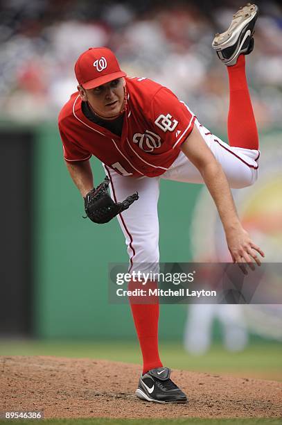 John Lannan of the Washington Nationals pitches during a baseball game against the San Diego Padres on July 26, 2009 at Nationals Park in Washington,...
