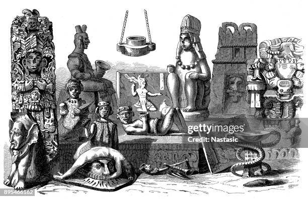 archaeological artefacts in mexican museum - inca stock illustrations
