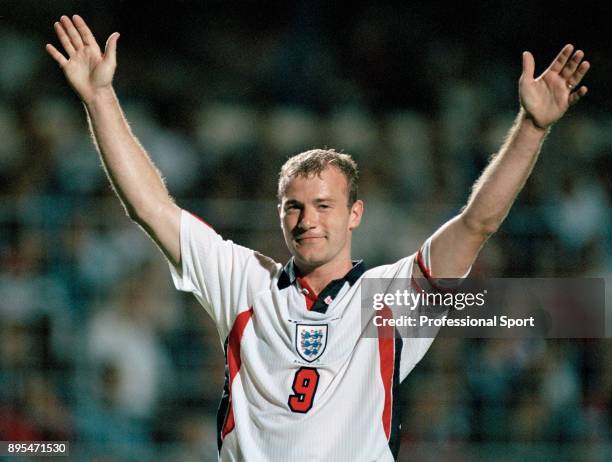 Alan Shearer of England celebrates his goal during a Tournoi de France match between France and England at the Stade de la Beaujoire on June 07, 1997...