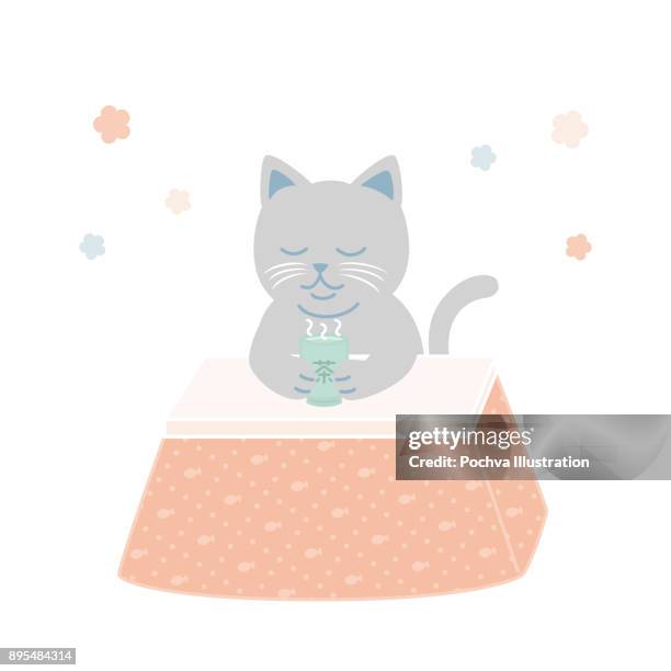 bildbanksillustrationer, clip art samt tecknat material och ikoner med katten dricker varmt grönt te i kotatsu vektorillustration - green tea