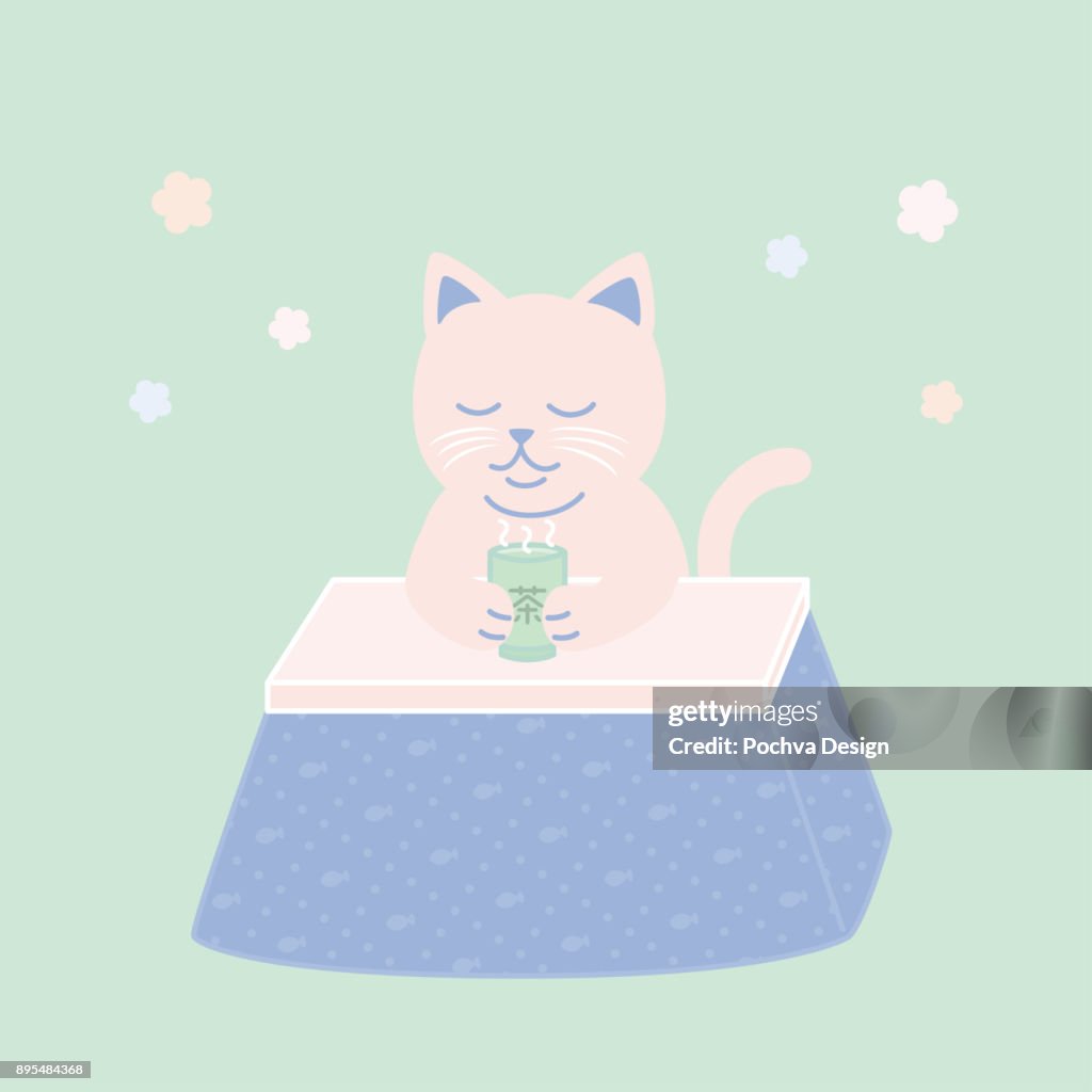 Cat drinking hot green tea in Kotatsu vector illustration