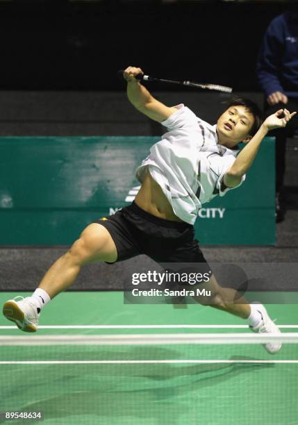 Yan Kit Chan of Hong Kong competes against Wing Ki Wong of Hong Kong in the men's single final during the 2009 New Zealand Badminton Open at North...