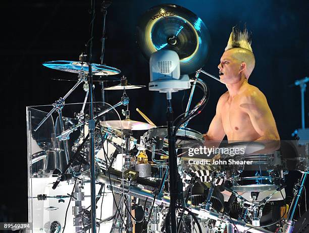 Drummer Adrian Young of No Doubt performs at Verizon Wireless Amphitheater on July 31, 2009 in Irvine, California.