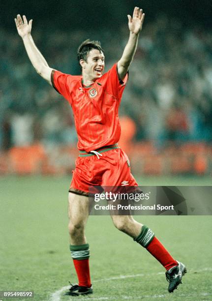 Kit Symons of Wales celebrates during the UEFA European Championship Qualifier between Wales and Germany at the Cardiff Arms Park on October 11, 1995...