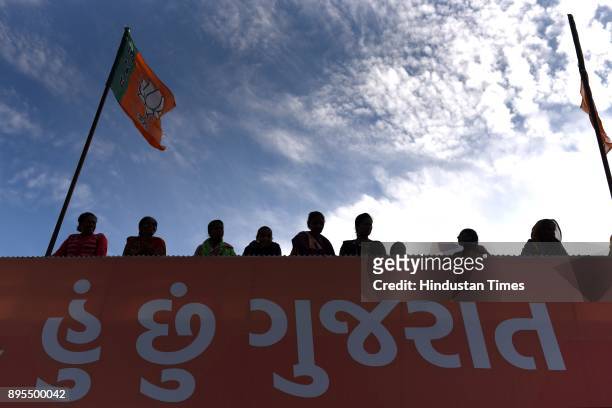 Bharatiya Janata Party supporters gather at party office winning Gujarat Assembly Elections 2017 on December 18, 2017 in Ahmedabad, India. The...