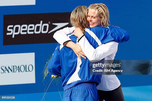 Britta Steffen of Germany celebrates the gold medal in the Women's 100m Freestyle Final, during the 13th FINA World Championships at the Stadio del...