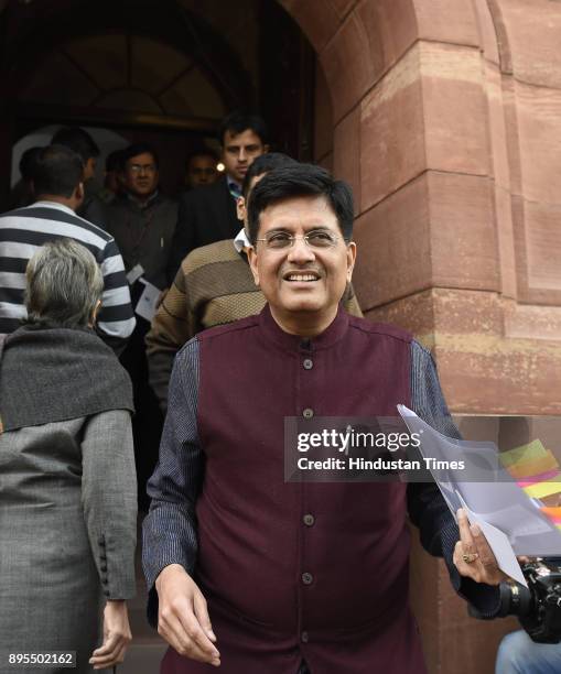 Union Railway Minister Piyush Goyal at Parliament House on December 19, 2017 in New Delhi, India.