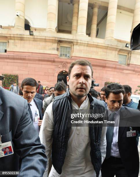 Congress President Rahul Gandhi at Parliament House on December 19, 2017 in New Delhi, India.