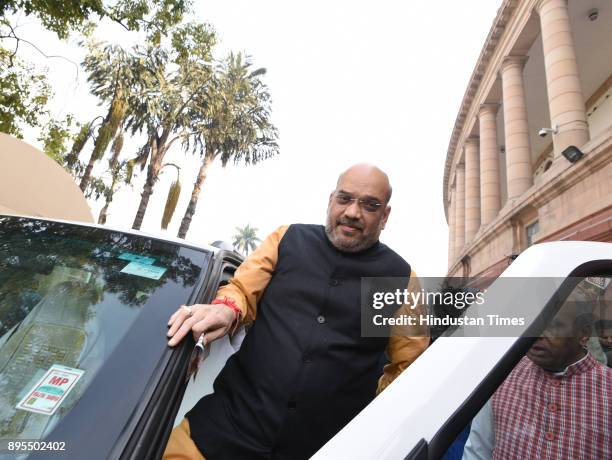 President Amit Shah at Parliament House on December 19, 2017 in New Delhi, India.