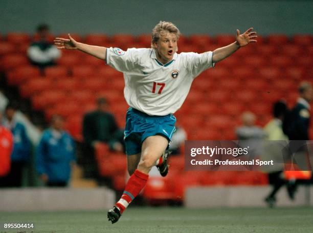 Vladimir Beschastnukh of Russia celebrates his goal during the UEFA Euro 96 group game between Russia and the Czech Republic at Anfield on June 19,...