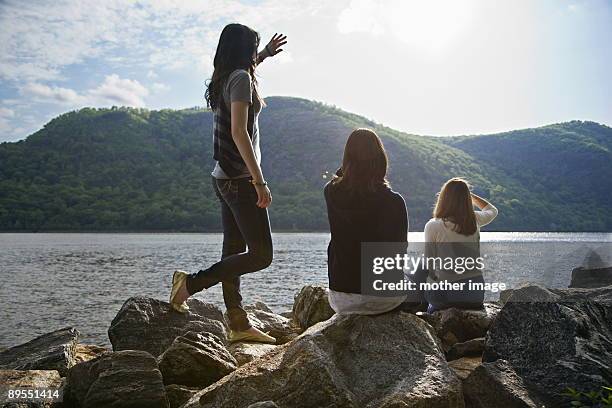 teen girls looking out across lake - westchester stock pictures, royalty-free photos & images