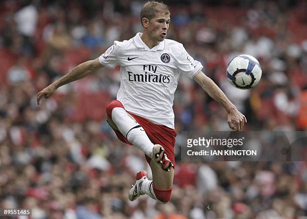 Christophe Jallet of Paris Saint-Germain controls the ball against Rangers during the Emirates Cup competition at The Emirates Stadium in London,...