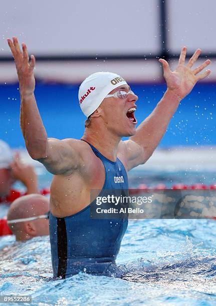 Cesar Cielo Filho of Brazil celebrates victory in the Men's 50m Freestyle Final during the 13th FINA World Championships at the Stadio del Nuoto on...