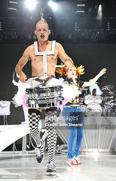 Drummer Adrian Young of No Doubt and singer Hayley Williams of Paramore perform at Verizon Wireless Amphitheater on July 31, 2009 in Irvine,...