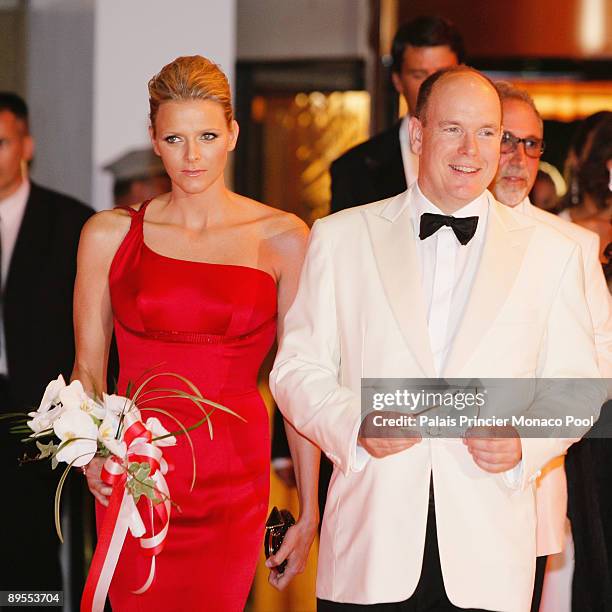 Charlene Wittstock and HSH Prince Albert II of Monaco arrive at the 61st Monaco Red Cross Ball at the Monte-Carlo Sporting Club on July 31, 2009 in...