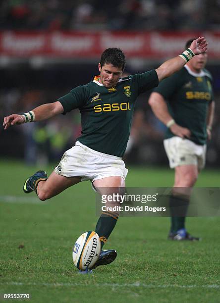 Morne Steyn, who scored all of South Africa's points, kicks a penalty during the Tri Nations match between South Africa and the All Blacks at the...